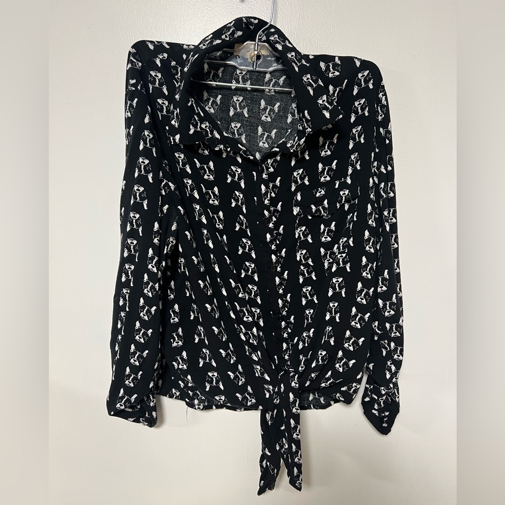 Love Notes Black and White Frenchie Boston Terrier Patterned Button Down Shirt